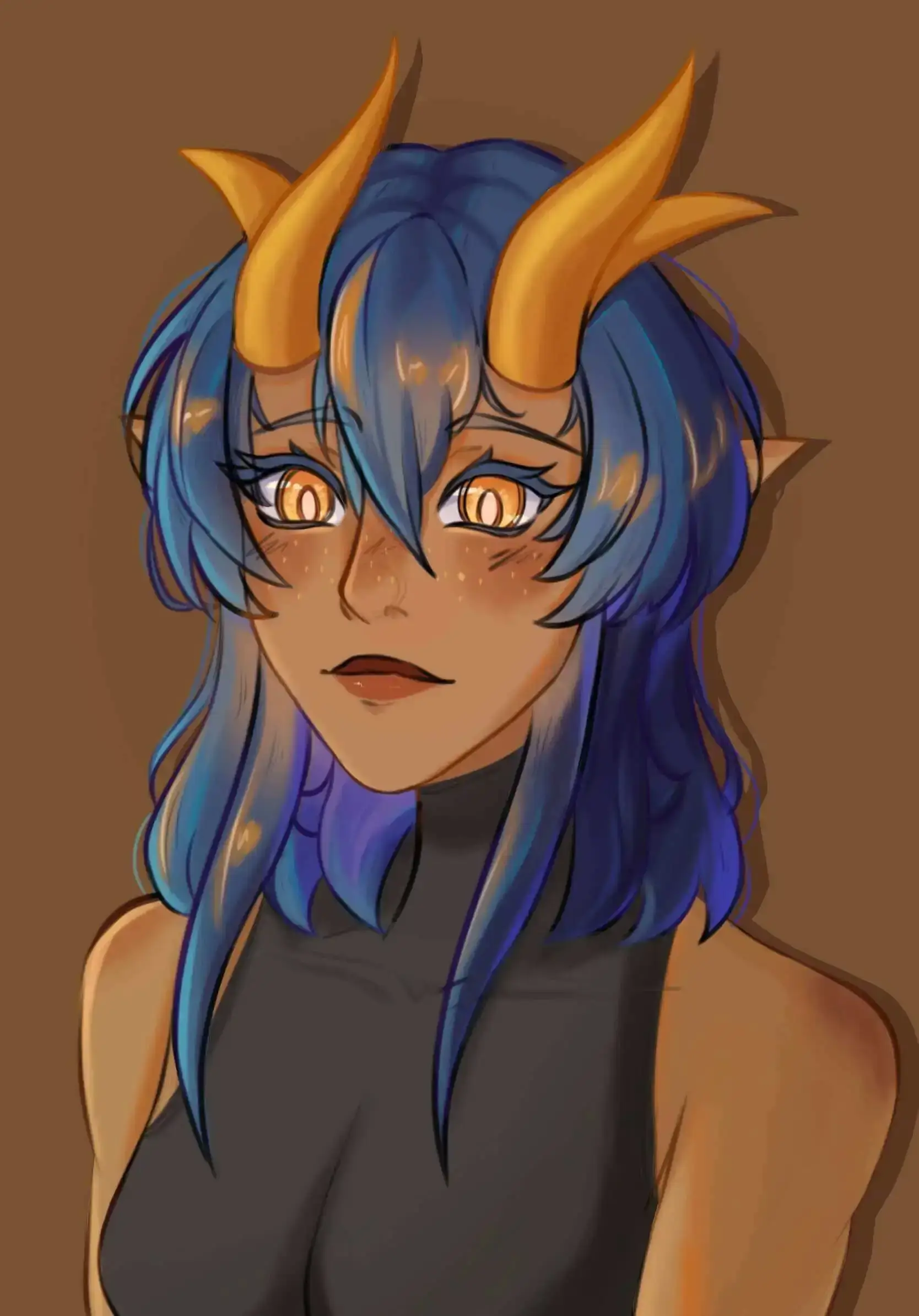 Bust of a blue haired character with horns