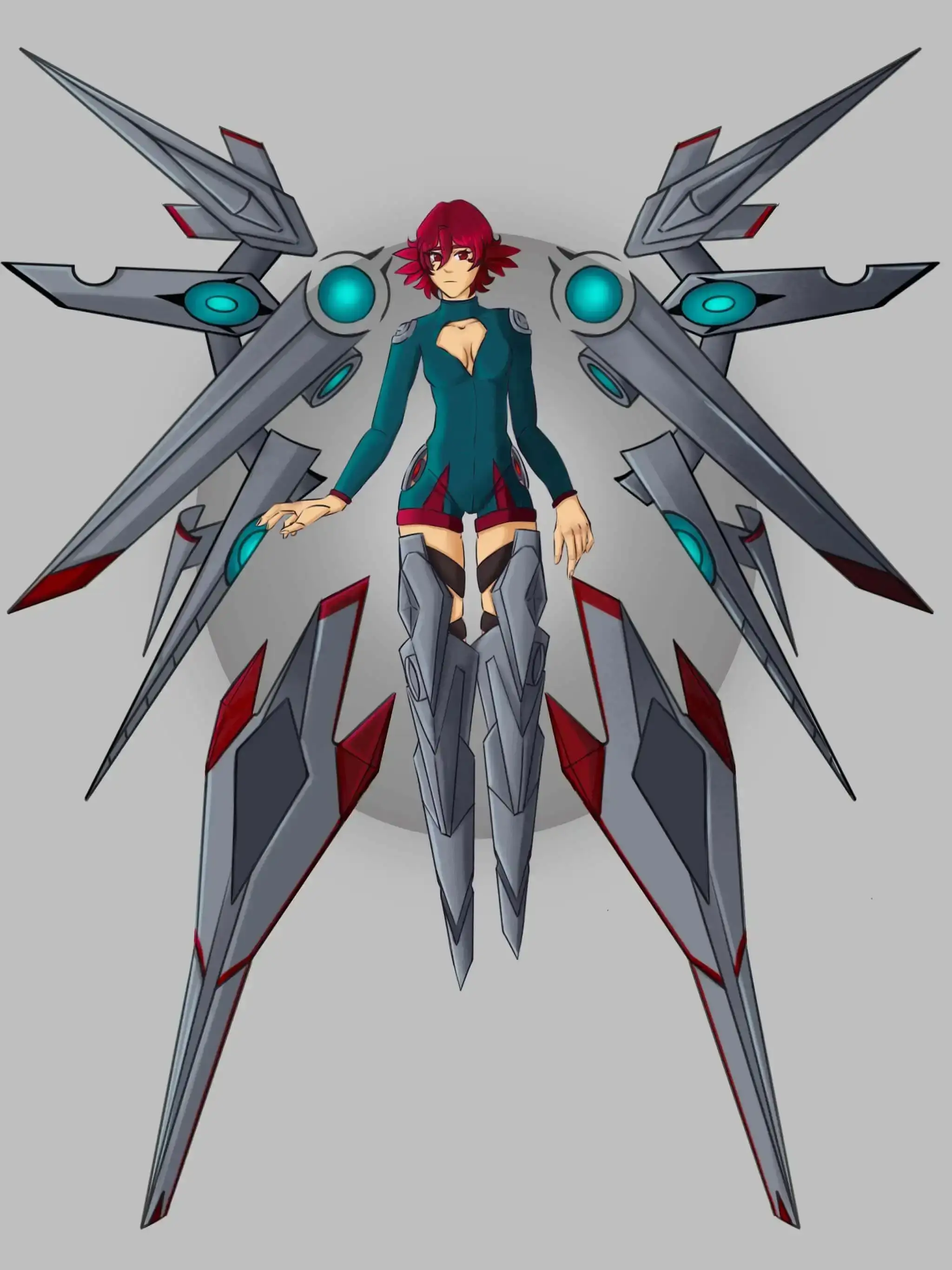 Art of a floating woman with floating metal weapons