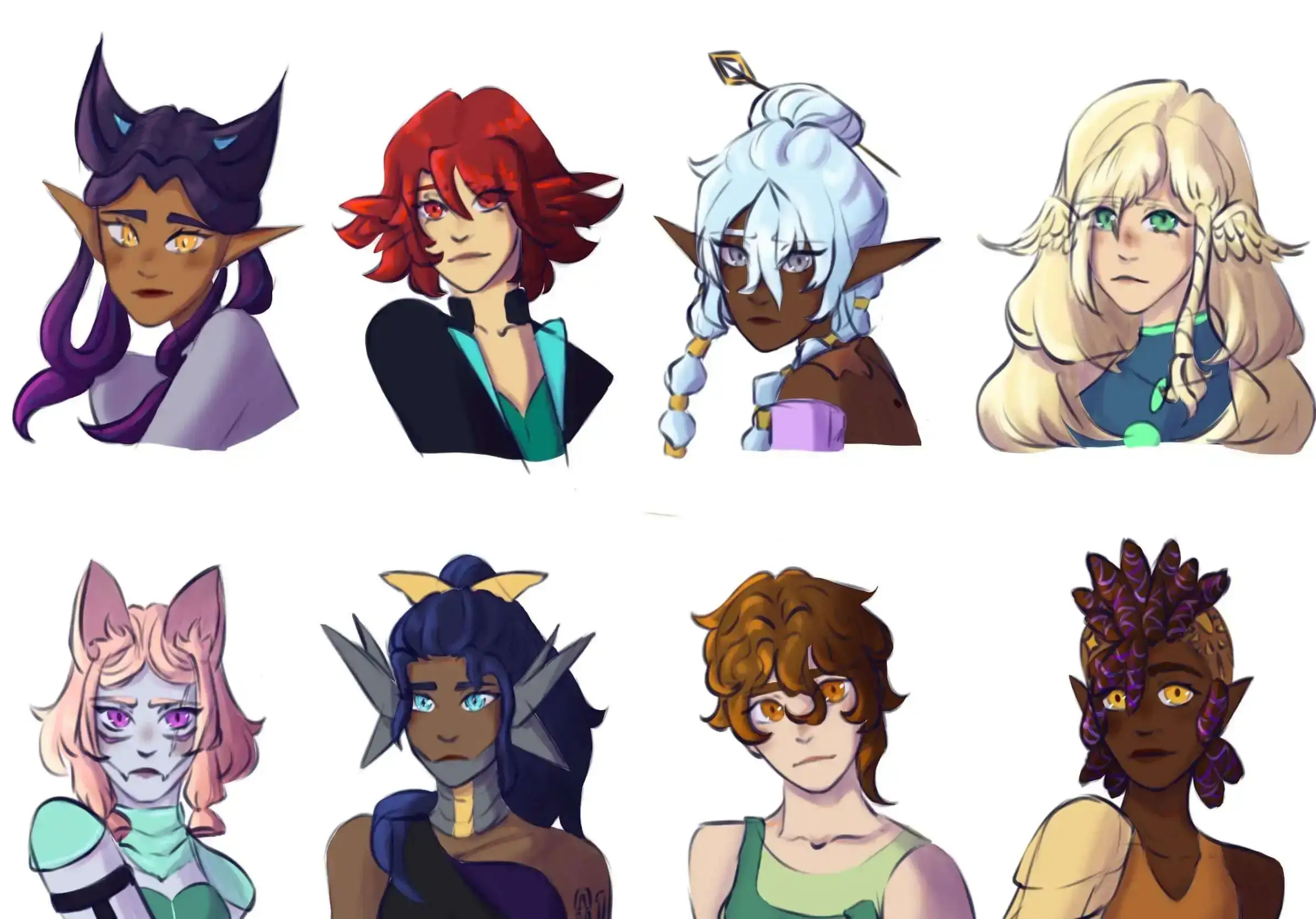 Bust of eight character designs