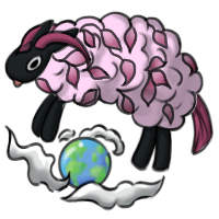 Art of a pink sheep jumping over a moon